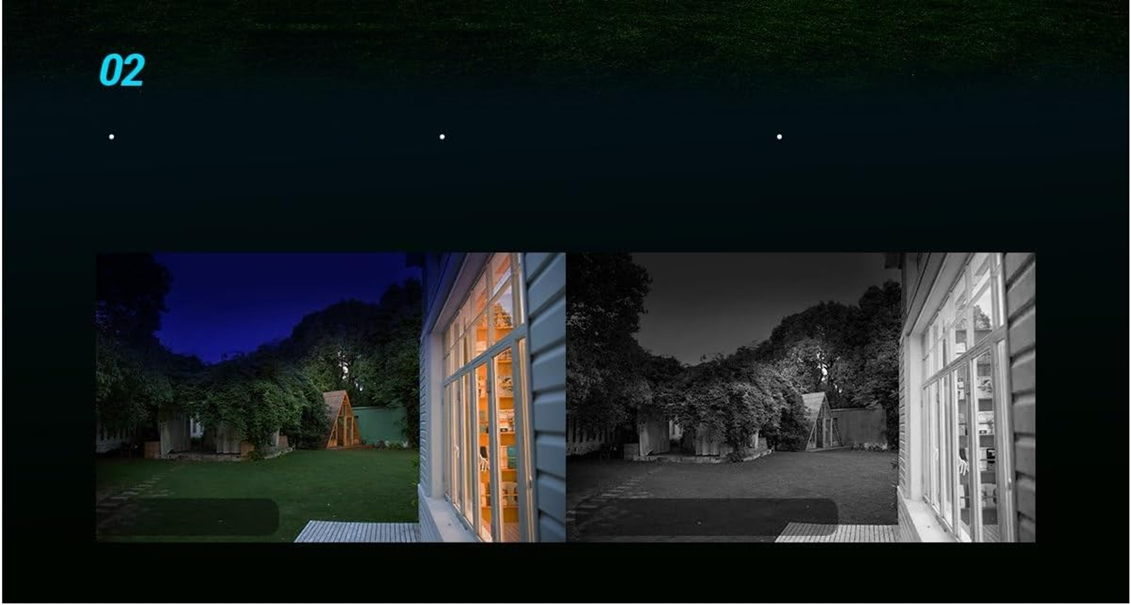 Trzy obrazy przedstawiające dom nocą, oświetlone okno i dom w skali szarości.