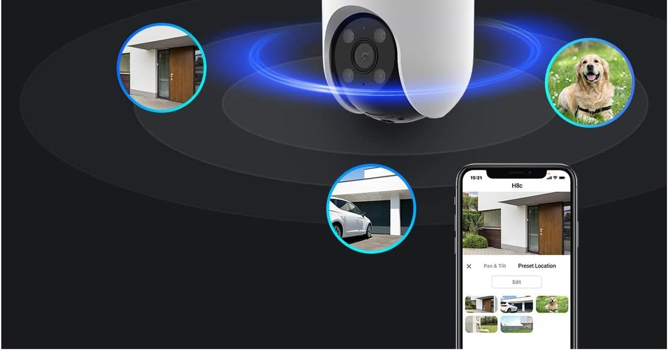 Biała kamera bezpieczeństwa ze smartfonem pokazującym transmisje na żywo i psem w tle.