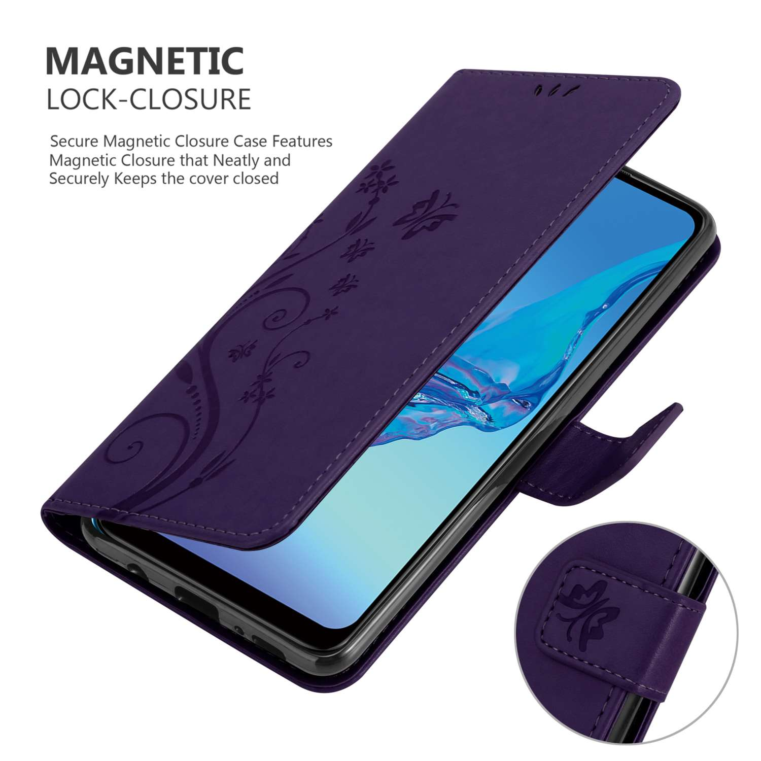 Custodia per telefono viola con design floreale aperta, mostra lo schermo del telefono, dettaglio chiusura magnetica.