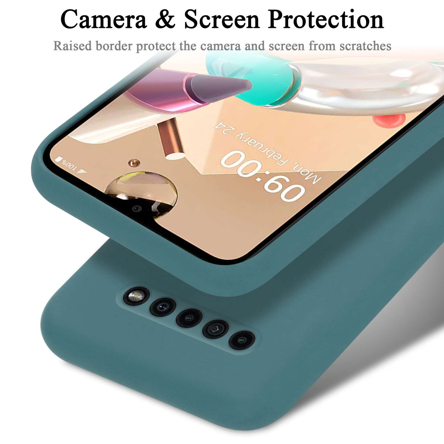 Custodia blu per telefono, con un telefono all'interno. Il telefono mostra l'ora e una fotocamera, su sfondo bianco.
