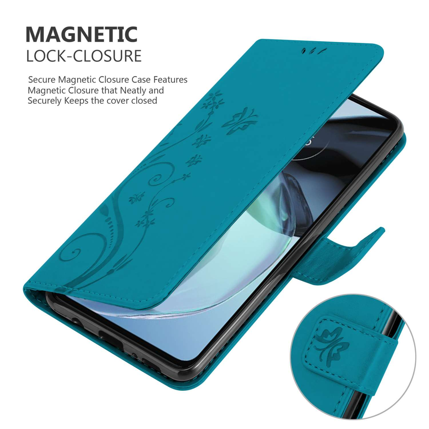 Custodia blu per telefono con design floreale. La custodia è aperta, mostra lo schermo del telefono. Testo: Chiusura magnetica.