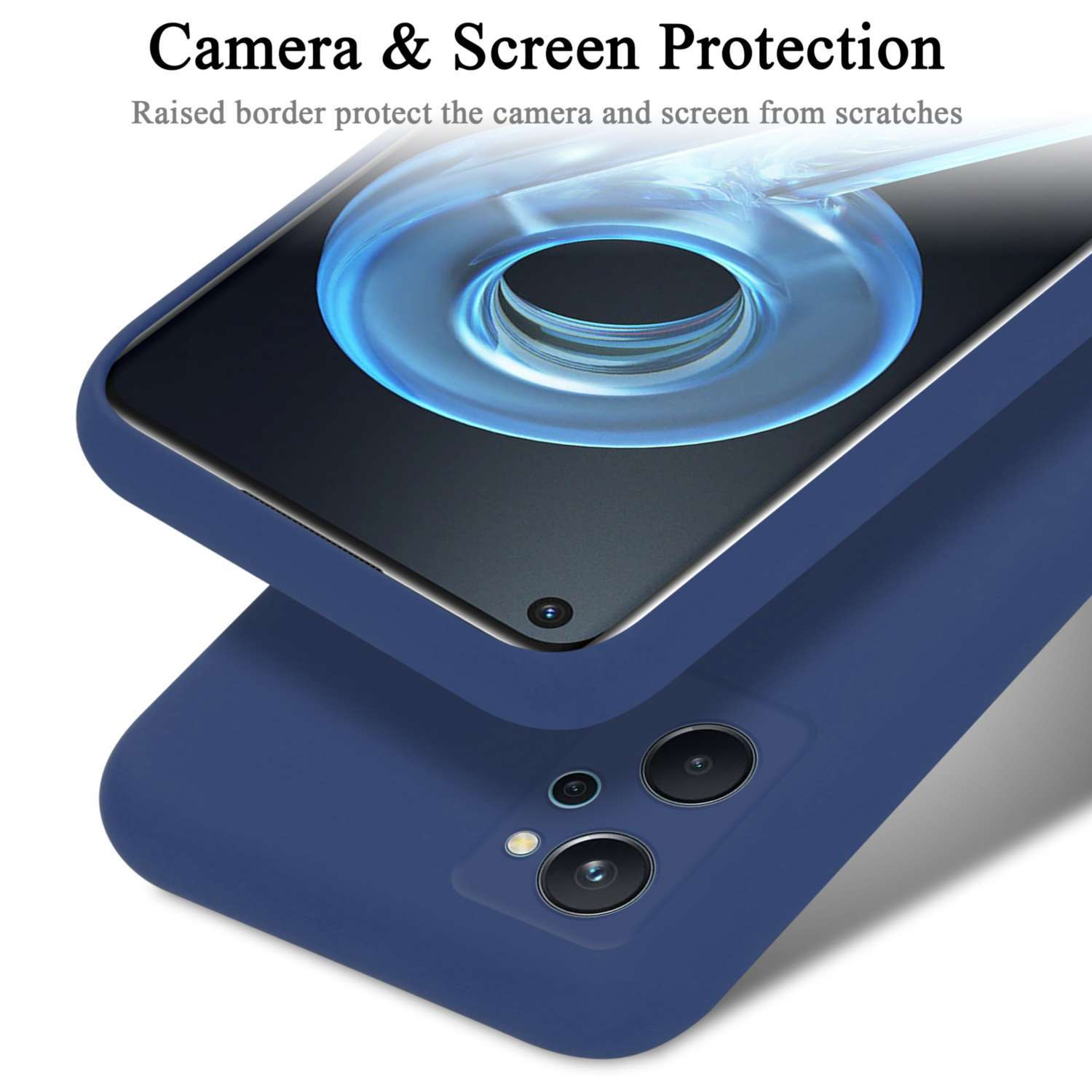 Custodia per telefono blu con telefono all'interno. Testo di protezione. Sfondo blu. Protezione del telefono e della fotocamera.