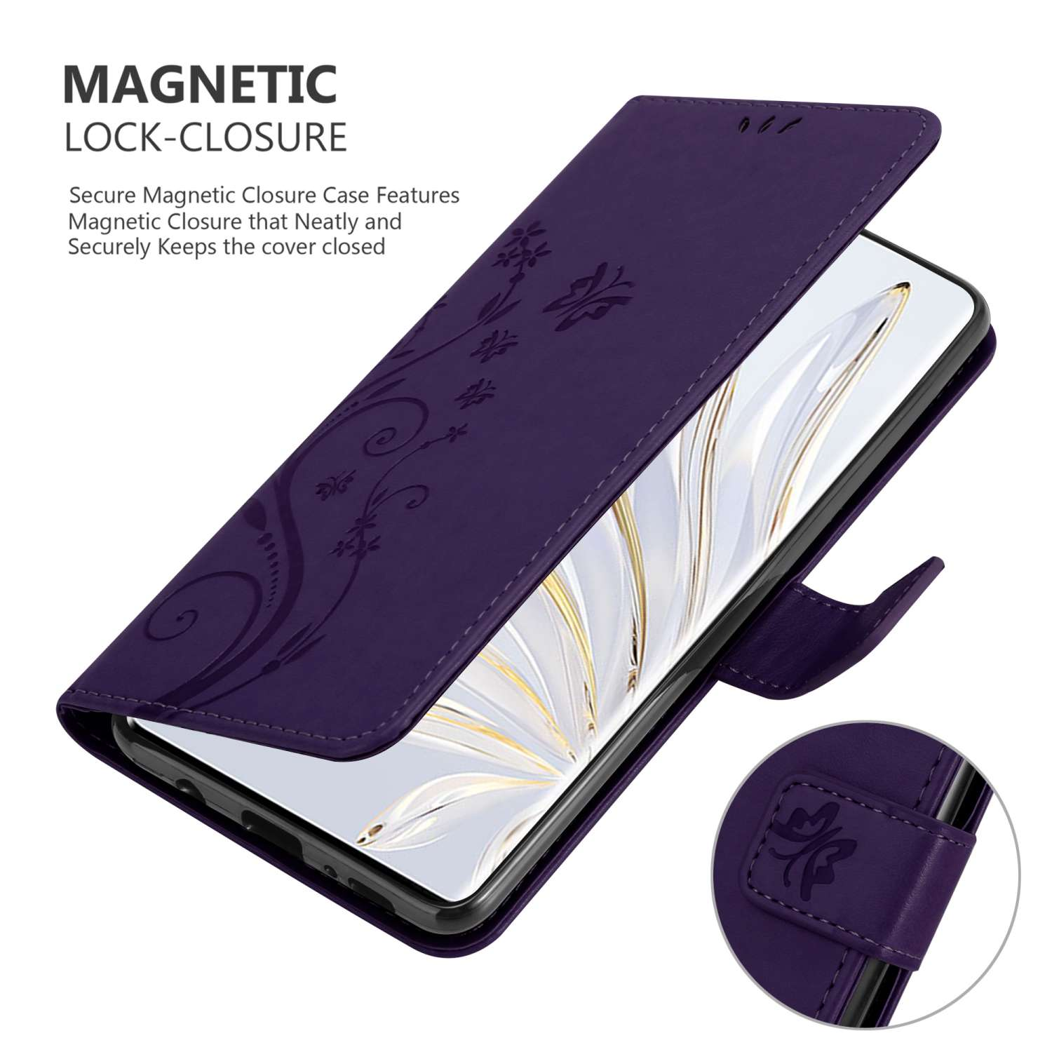 Custodia per telefono viola aperta. Chiusura magnetica. Design floreale. Il telefono è visibile. La custodia è aperta.