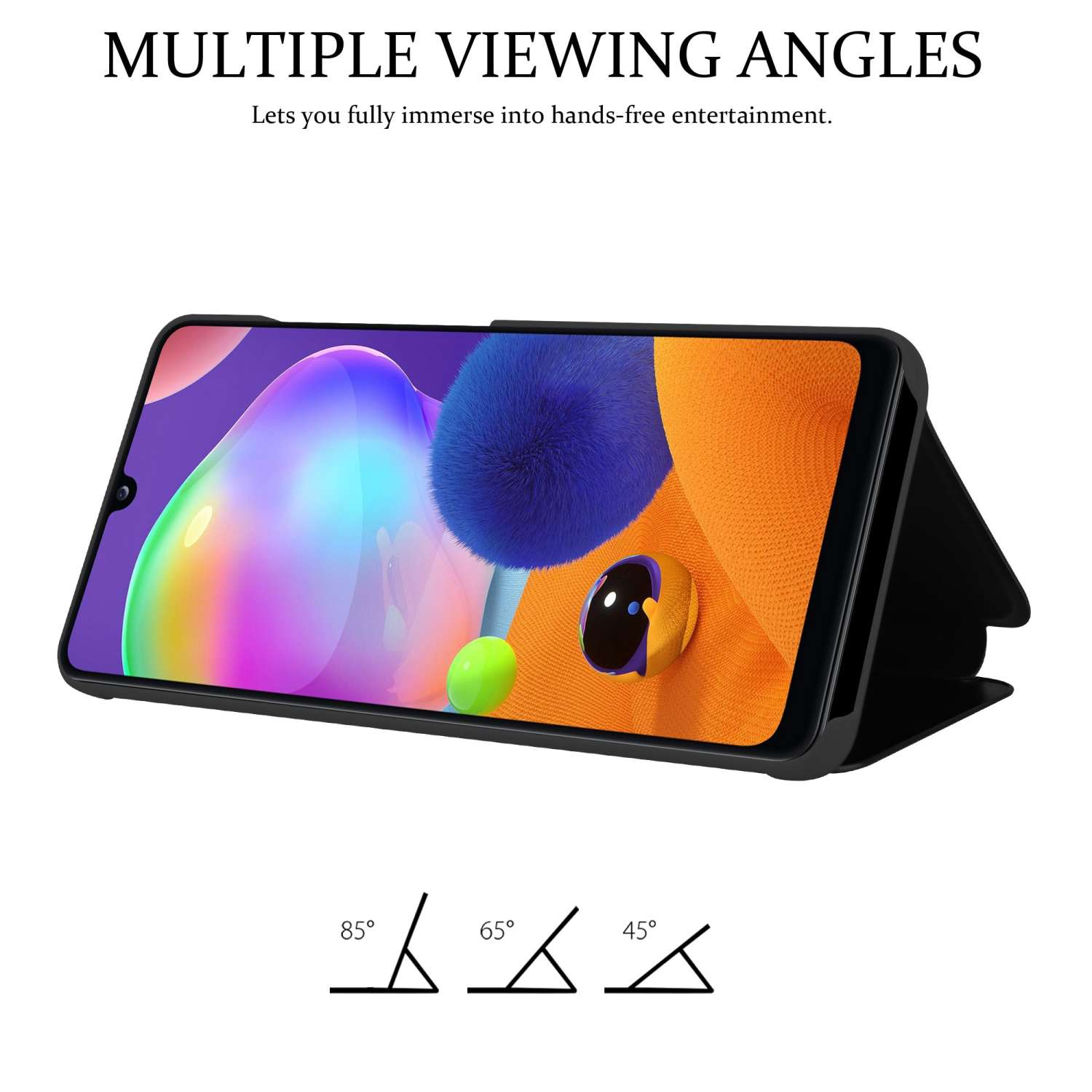 Telefono nero con custodia, inclinato per la visualizzazione. Testo: Angoli di visione multipli. Diagrammi.