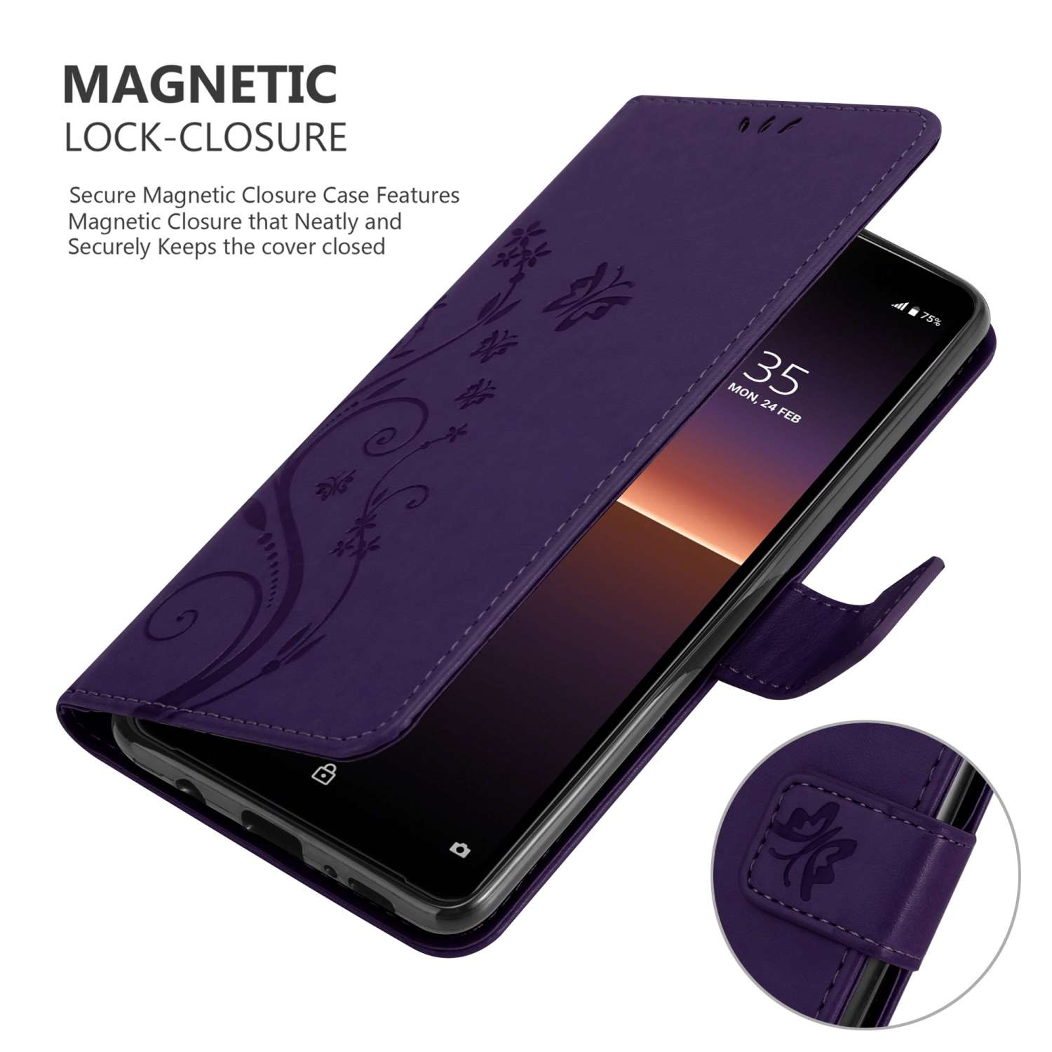 Custodia per telefono viola, aperta, che mostra un telefono all'interno. La custodia ha una chiusura magnetica.
