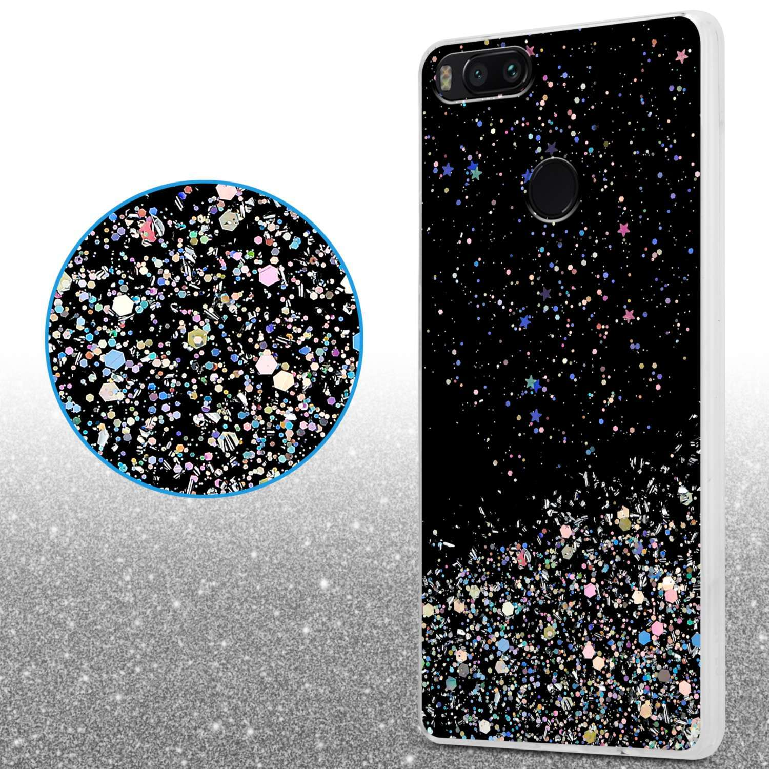 Custodia per telefono nera con glitter e stelle. Effetto glitter sul retro del telefono.