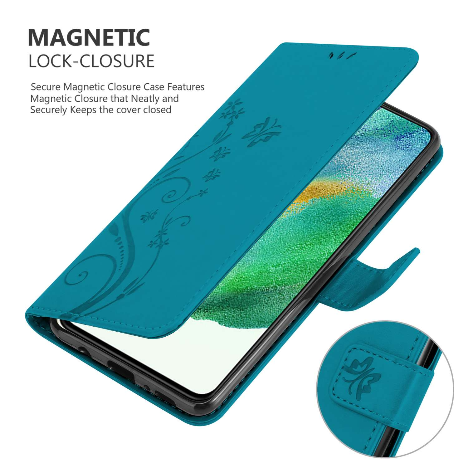 Custodia per telefono blu aperta. Design floreale, schermo del telefono nero visibile, con chiusura magnetica.
