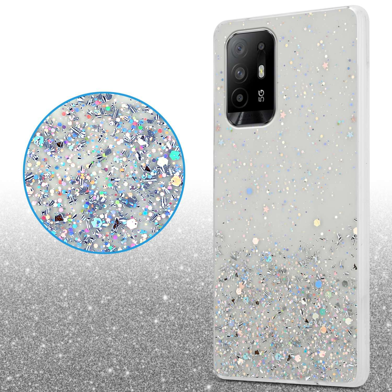 Handyhülle mit Glitzer. Handyhülle und ein kreisförmiges Glitzerdetail auf hellgrauem Hintergrund.