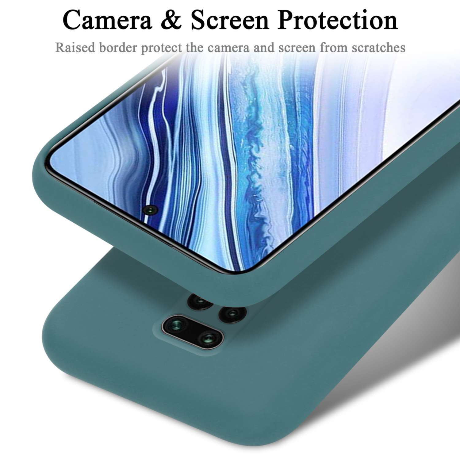 Una custodia per telefono verde acqua protegge lo schermo e la fotocamera del telefono.