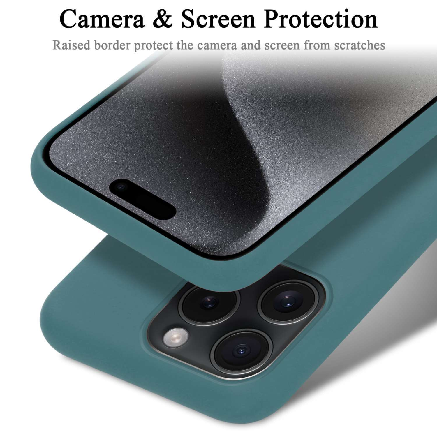 Eine tealfarbene Handyhülle mit einem Telefon darin, Konzept für Kamera- und Bildschirmschutz.