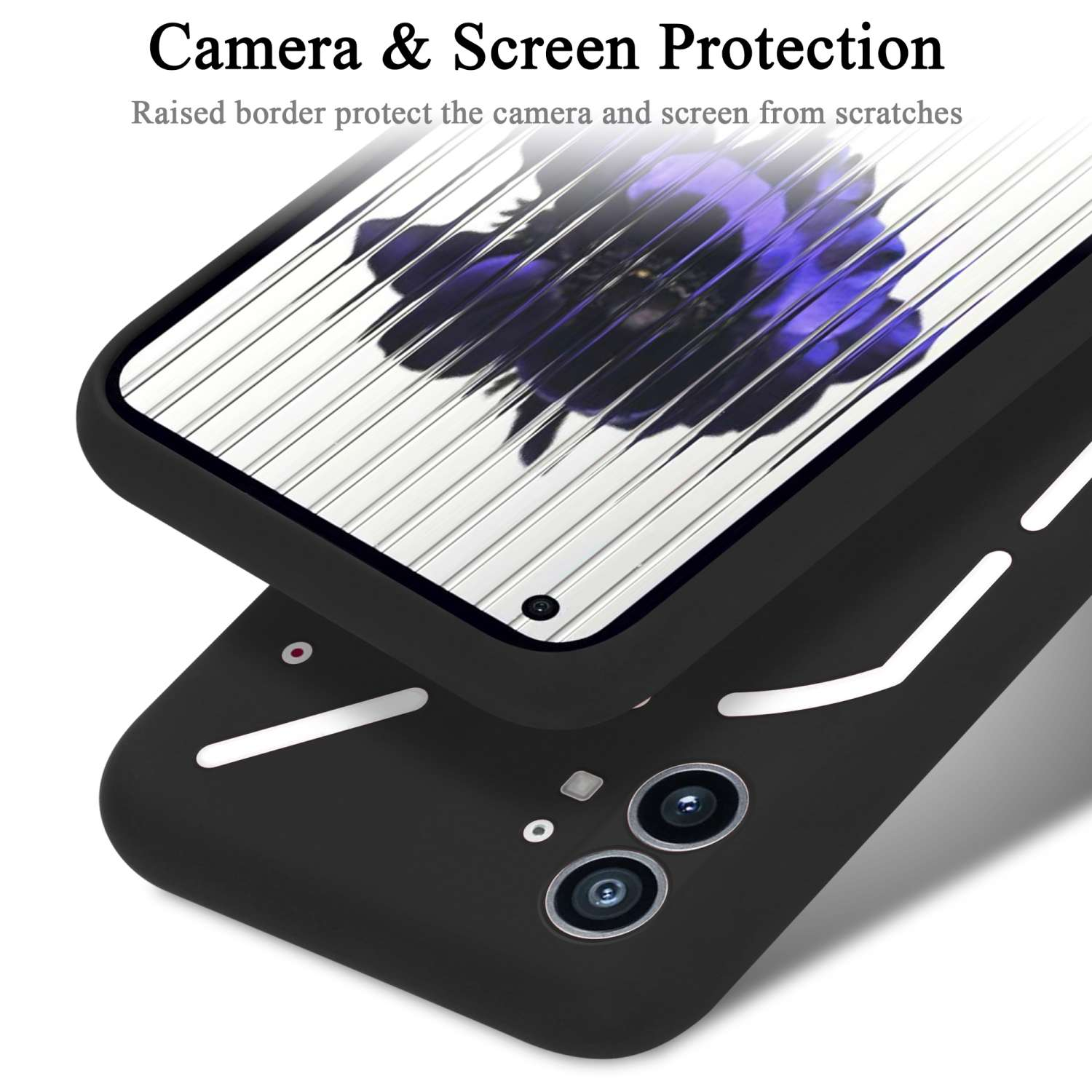 Schwarze Handyhülle mit farbenfrohem Blumendesign auf dem Displayschutz und dem Telefon.
