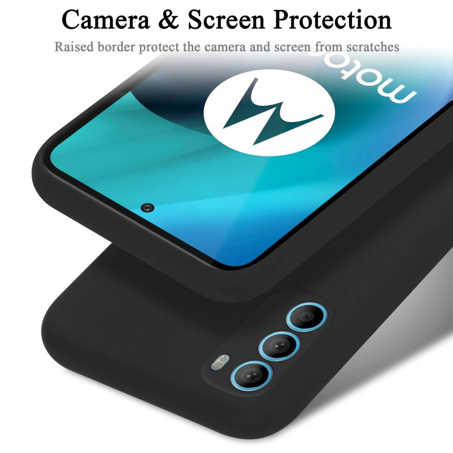 Una custodia per telefono nera con un telefono, con un bordo rialzato per la fotocamera e lo schermo.