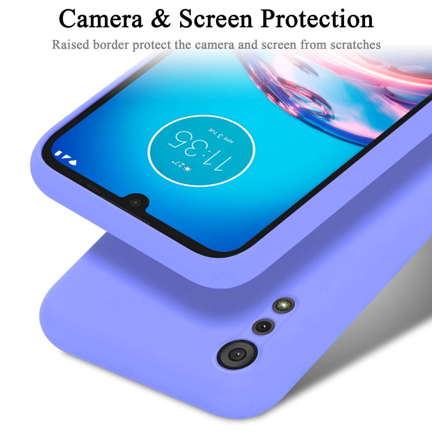 Un telefono viola con uno schermo che mostra un'app. La custodia ha bordi rialzati per proteggere la fotocamera.