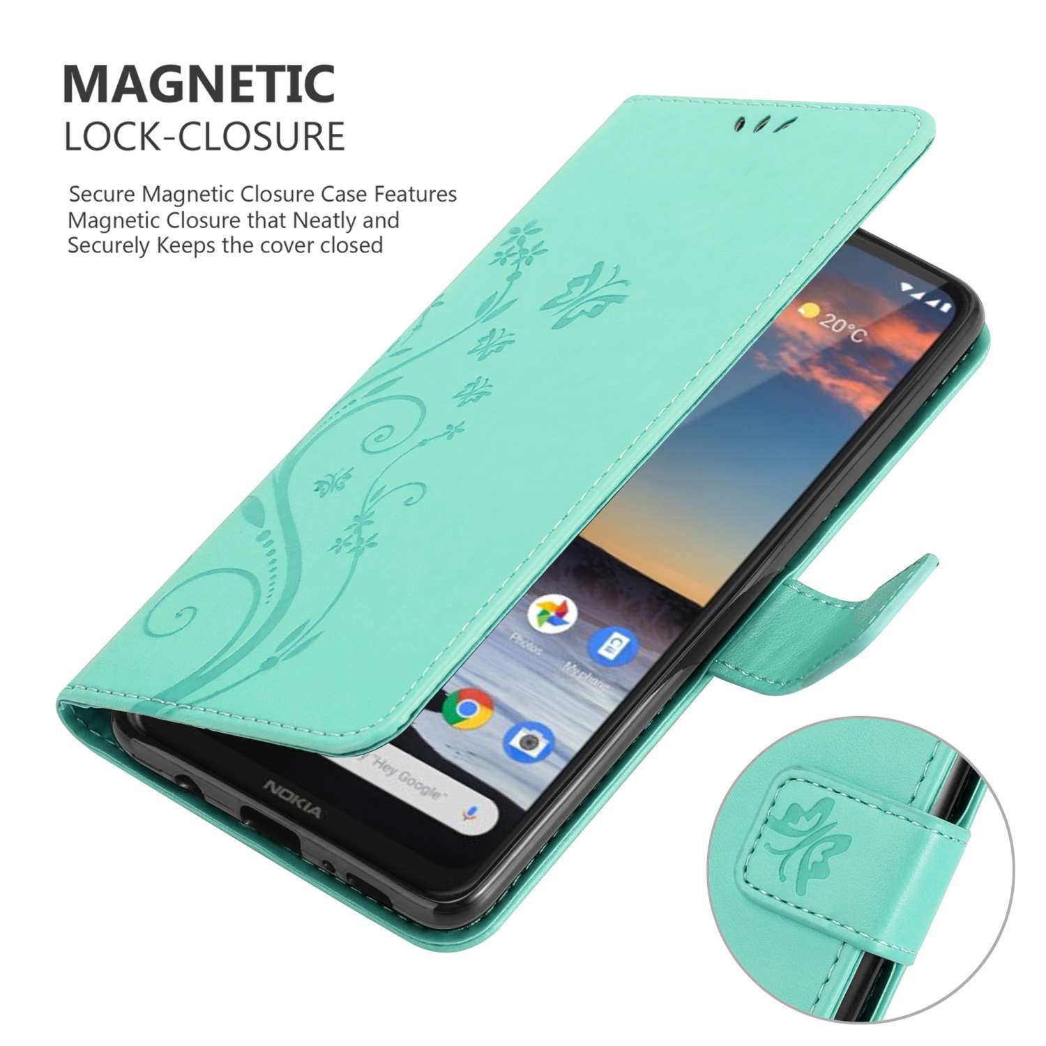 Una custodia per telefono color verde acqua, aperta, che mostra lo schermo di uno smartphone. Lo schermo mostra icone e una temperatura di 20°C.
