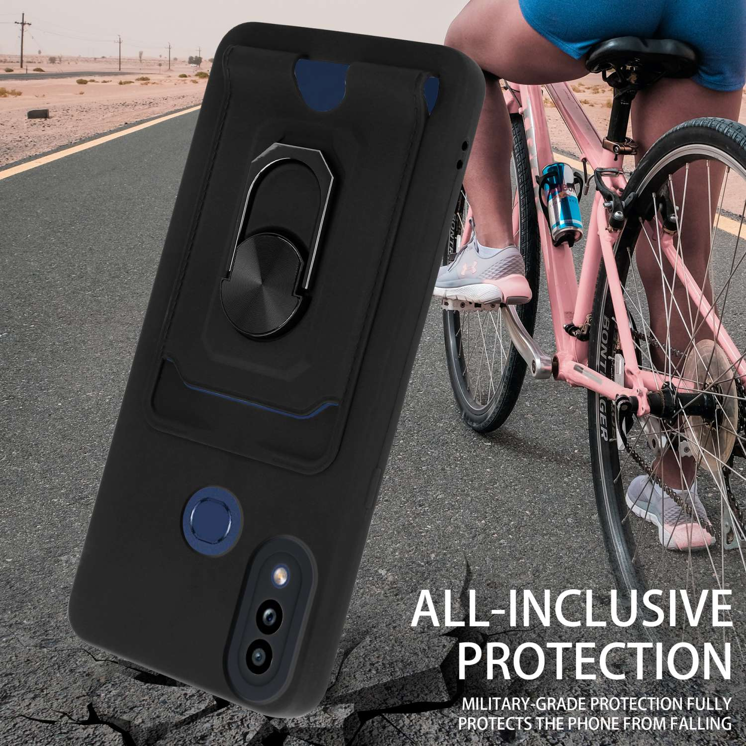 Coque noire avec support d'anneau, au sol, cycliste en arrière-plan, texte : ALL-INCLUSIVE PROTECTION.