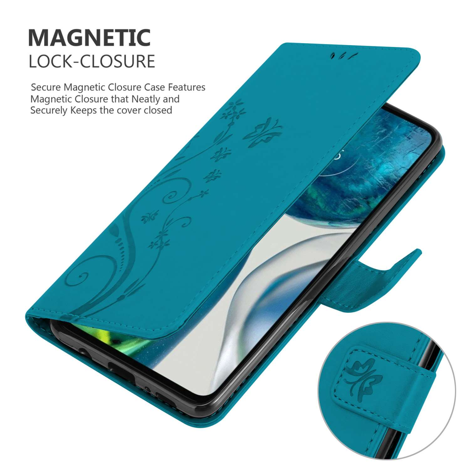 Custodia del telefono verde acqua aperta, rivela lo schermo del telefono. Design floreale decorativo.