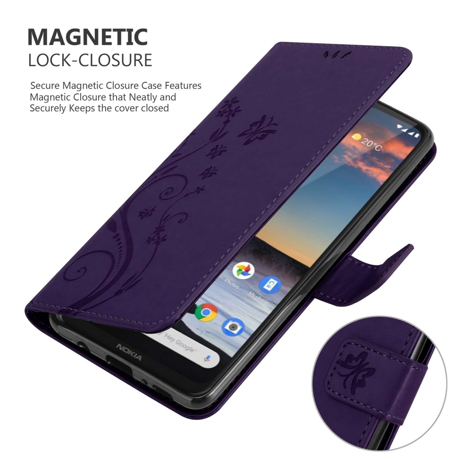 Una custodia per telefono viola con un motivo floreale, che mostra un telefono con lo schermo acceso.