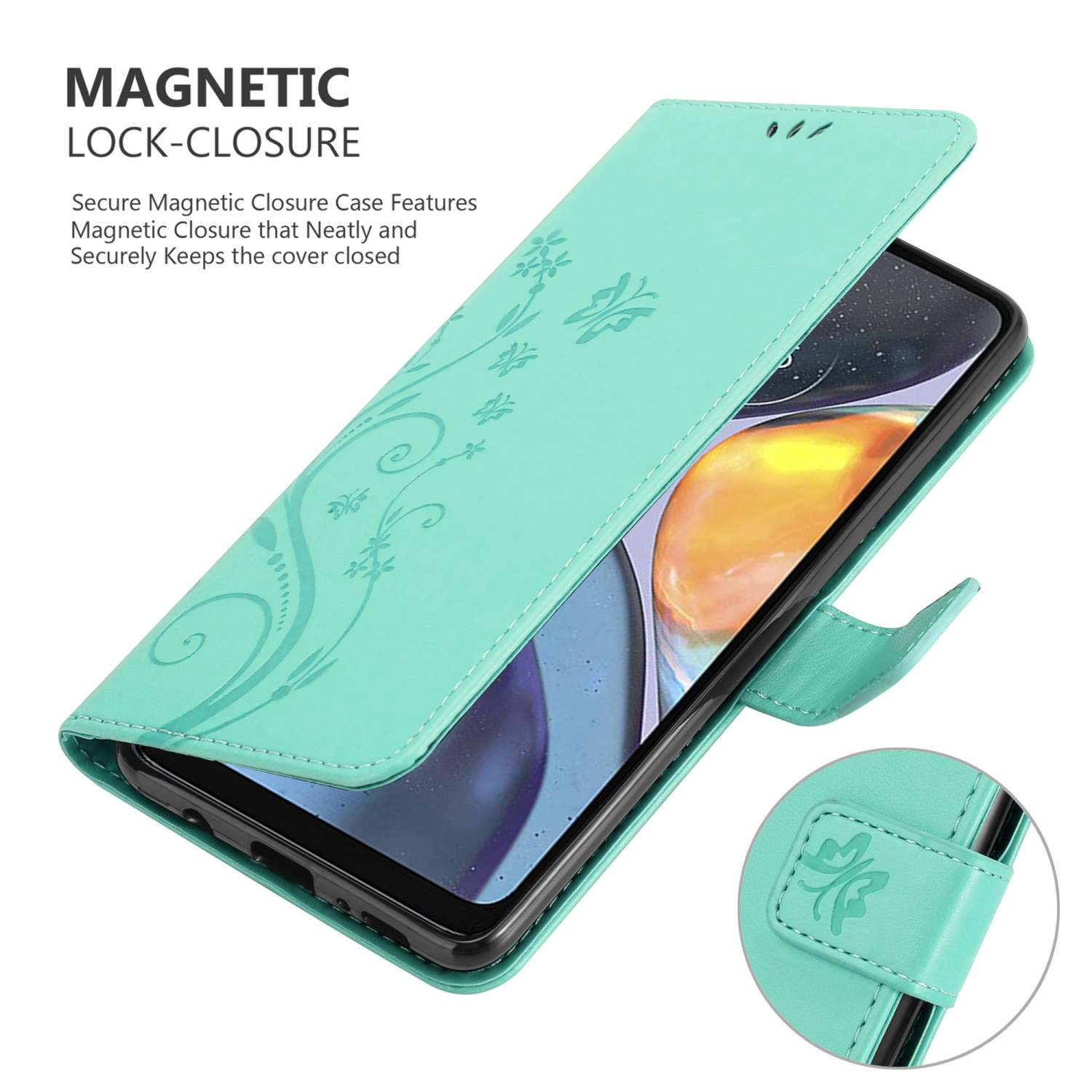 Funda turquesa con diseño floral y teléfono, cierre magnético.