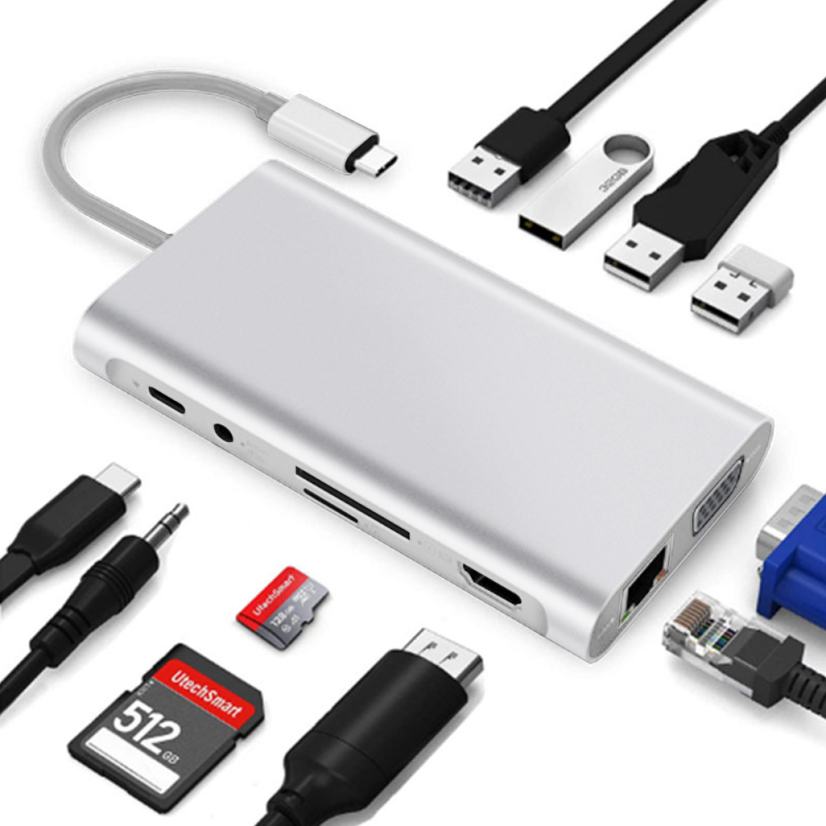 ELKUAIE 11 in Hub, USB mit Silber HDMI-Netzwerkkarte, 1