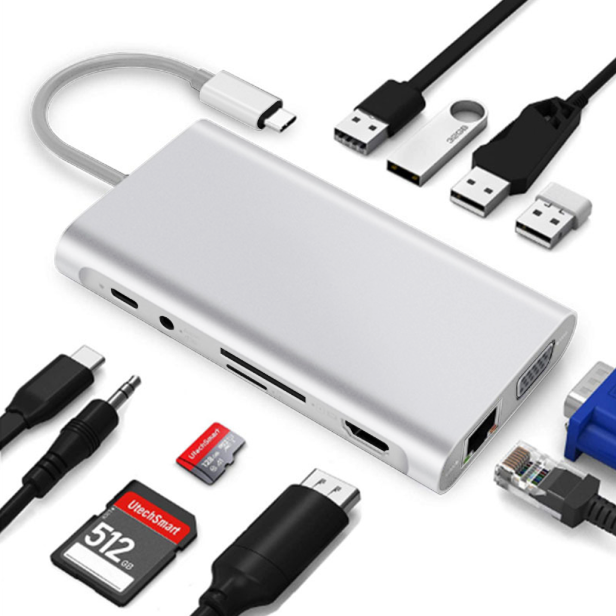 Ein silberner USB-Hub mit mehreren angeschlossenen Kabeln und Anschlüssen, verschiedenen Adaptern und Karten.