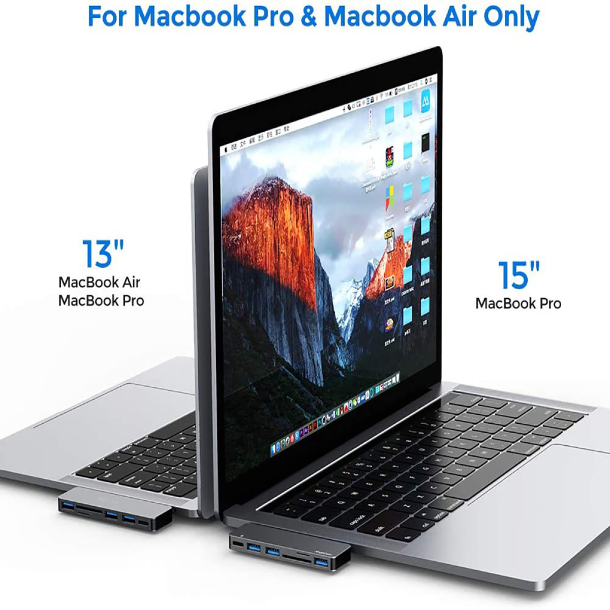 Zwei Laptops mit angeschlossenen USB-Hubs. Einer ist ein 13-Zoll-MacBook Air und der andere ein 15-Zoll-MacBook Pro.