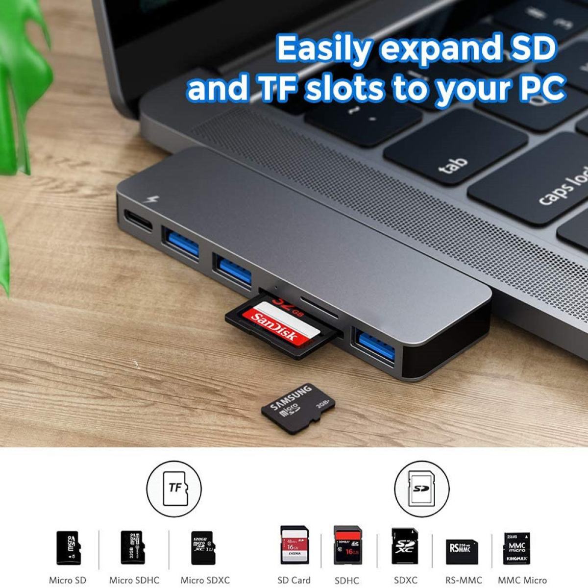 USB-Hub mit Laptop verbunden, mit SD-Karten und Micro-SD-Karten.