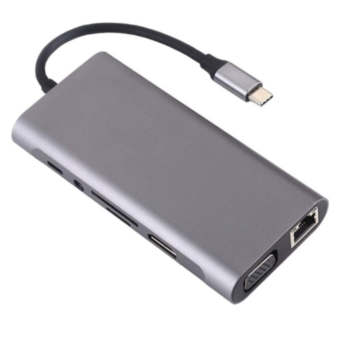 Ein grauer Hub mit verschiedenen Anschlüssen und einem USB-C-Anschluss.
