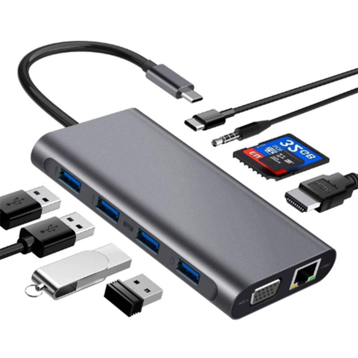 Ein grauer USB-Hub mit mehreren Anschlüssen, darunter USB, HDMI und SD-Kartensteckplatz, mit Kabeln.