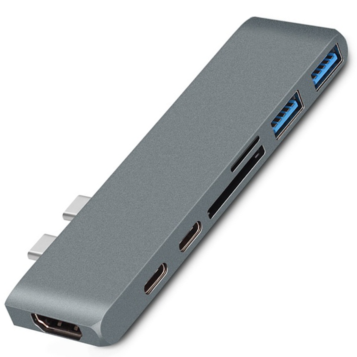 Ein grauer Multi-Port-Adapter mit HDMI, USB-Anschlüssen und SD-Kartensteckplatz. Isoliert auf weißem Hintergrund.