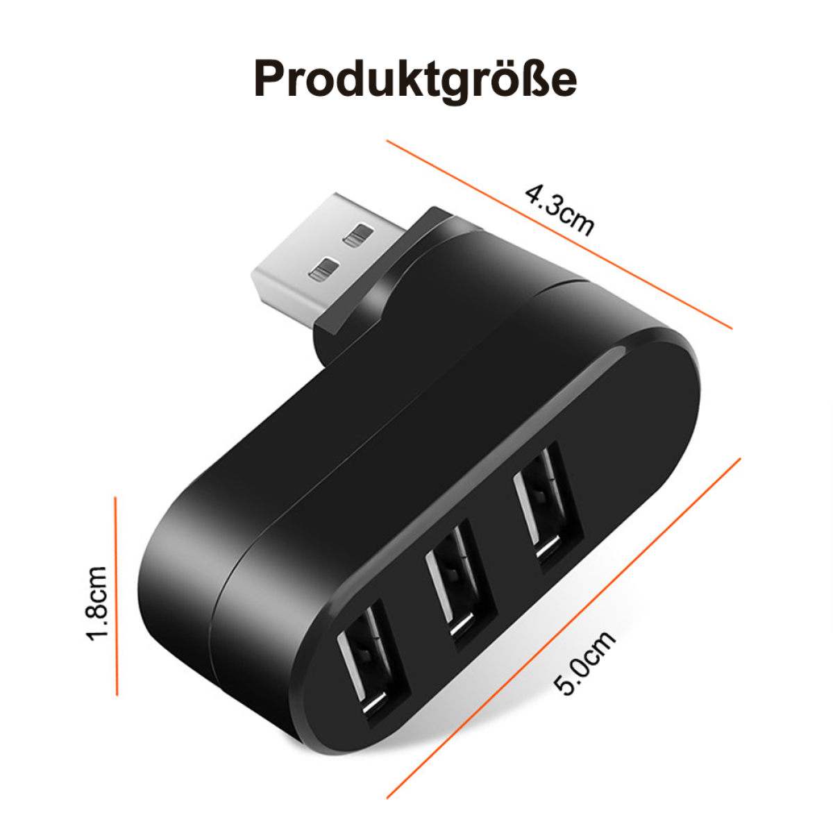 Schwarzer USB-Hub mit drei Anschlüssen, Abmessungen in Zentimetern angegeben.