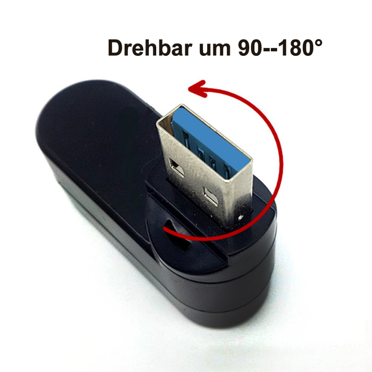 Ein schwarzer USB-Adapter mit blauem USB-Anschluss, darüber der Text 'Drehbar um 90-180°'.