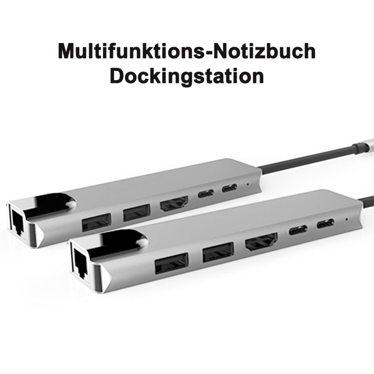 Zwei silberne Dockingstationen mit mehreren Anschlüssen. Text oben: Multifunktions-Notebook-Dockingstation.