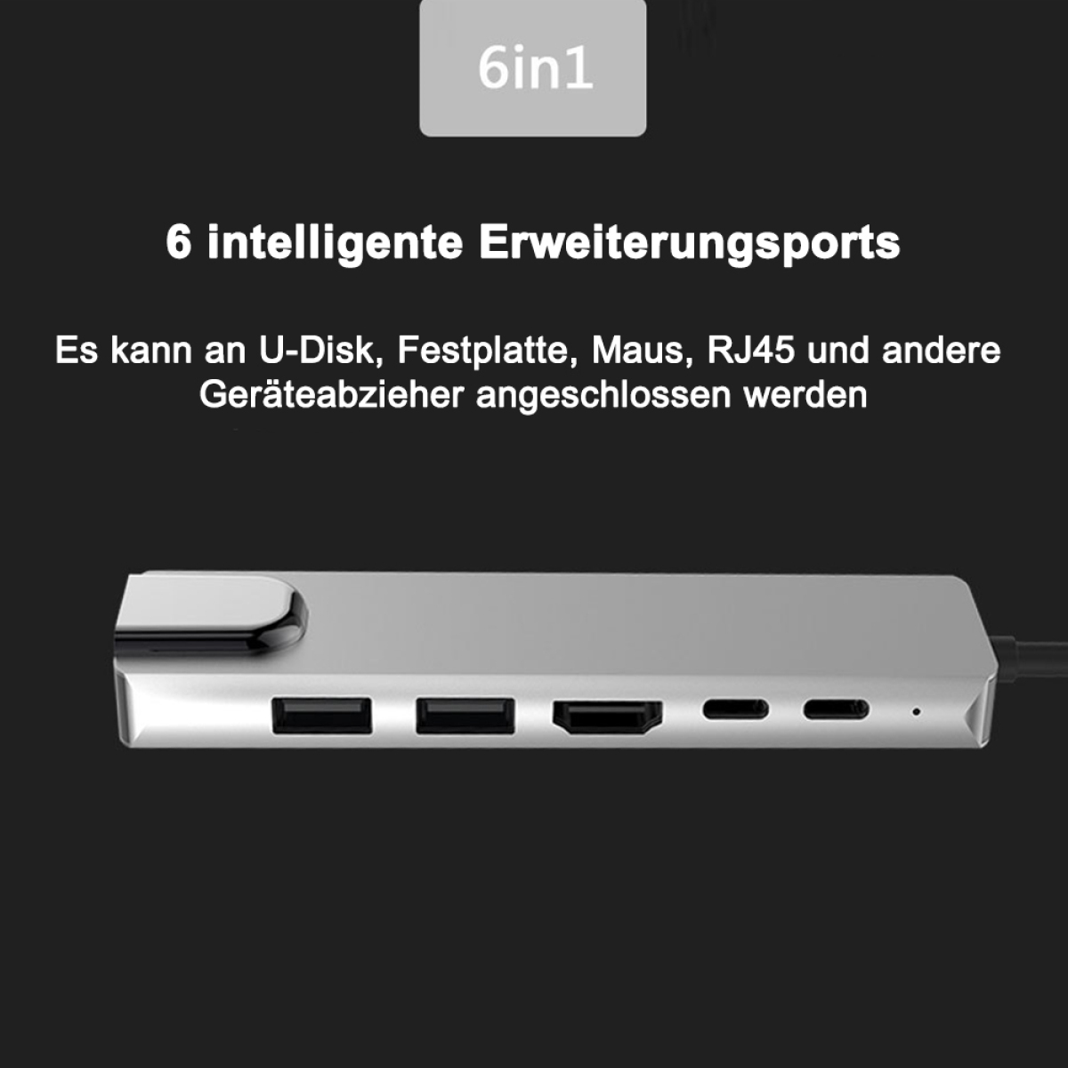 Ein silberner 6-in-1-USB-Hub mit Anschlüssen für verschiedene Geräte.