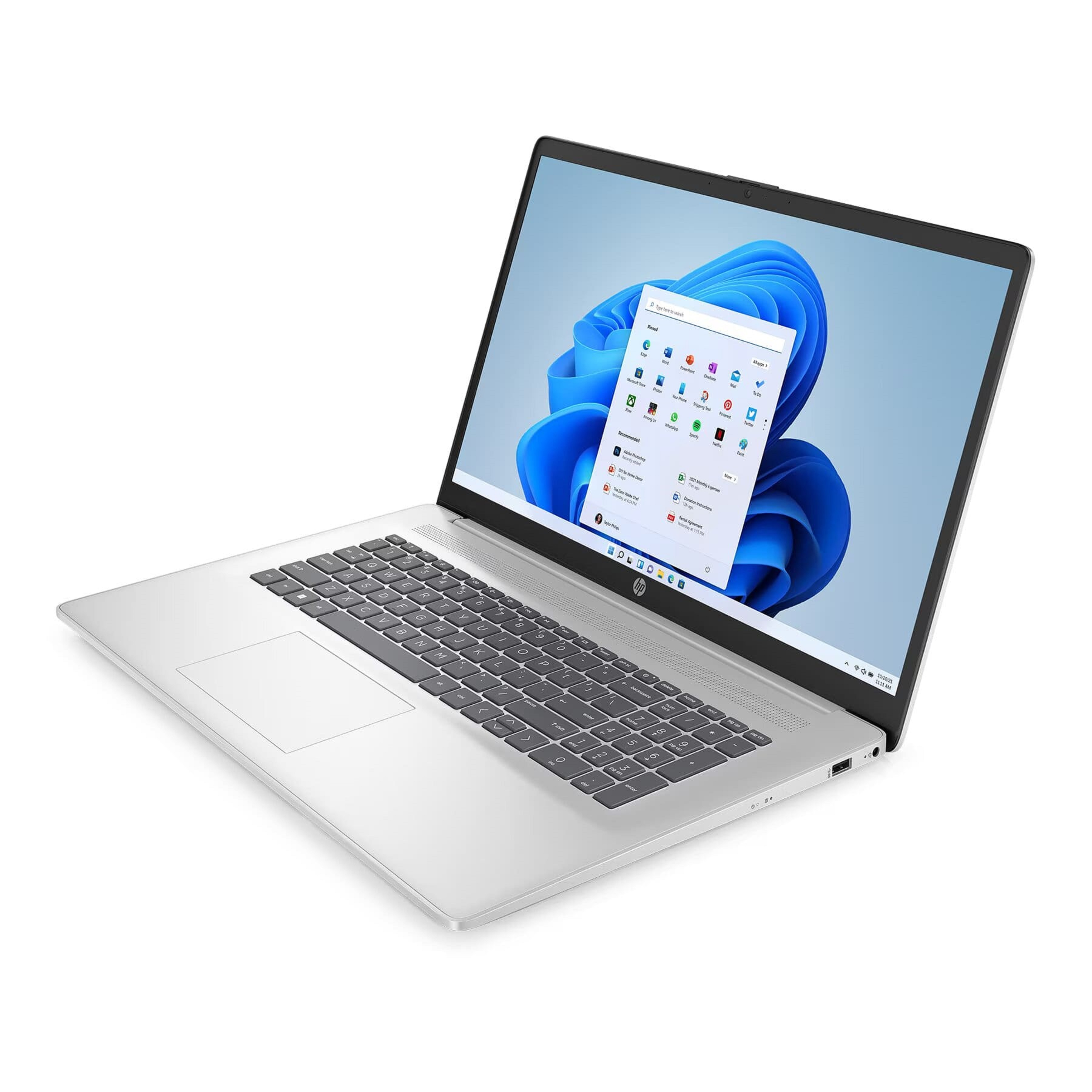Ein silberner Laptop mit Tastatur, Touchpad und einem Bildschirm, der eine Windows-Oberfläche anzeigt.