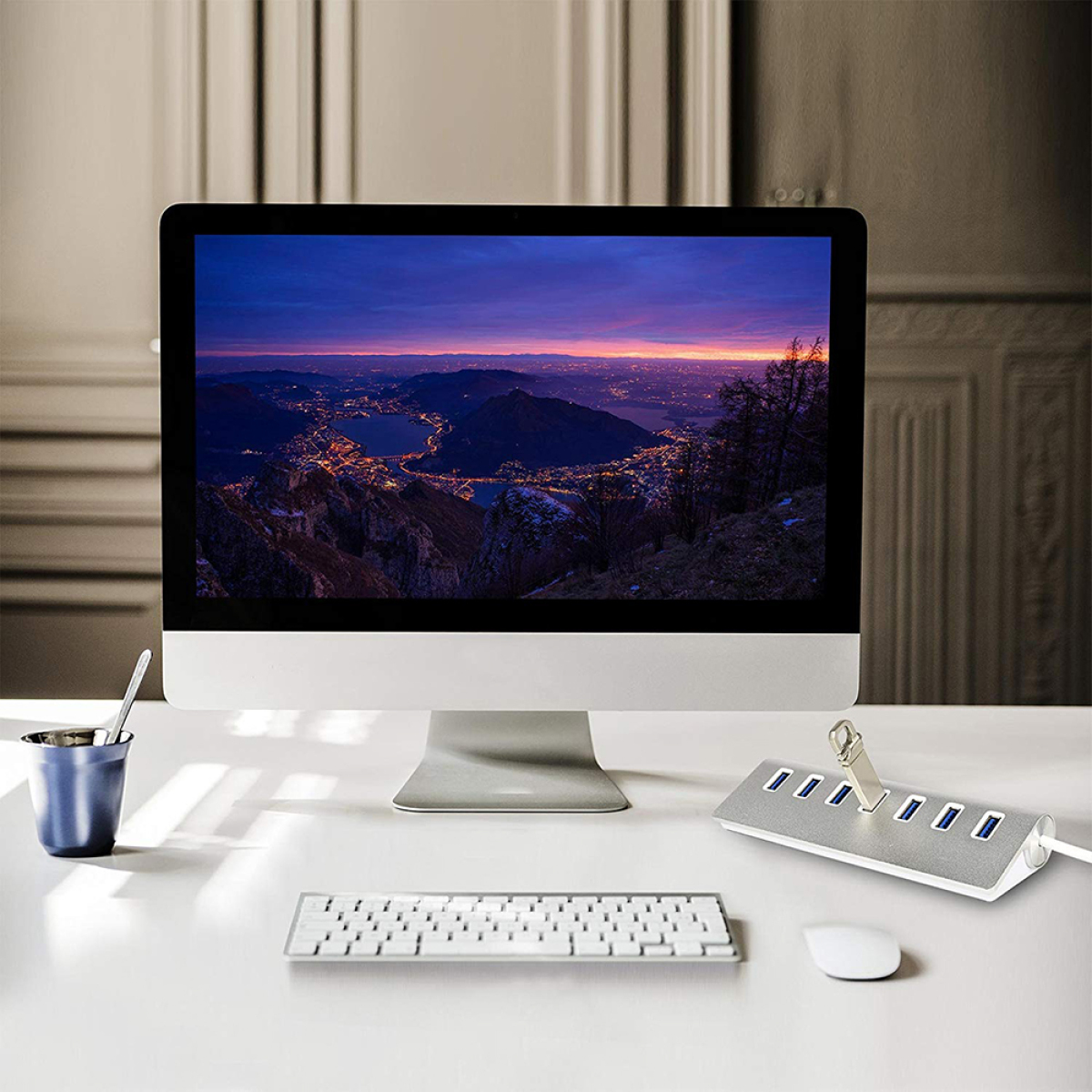 Computereinrichtung. Ein Monitor zeigt eine Stadtlandschaft in der Abenddämmerung. Tastatur, Maus und USB-Hub sind sichtbar.