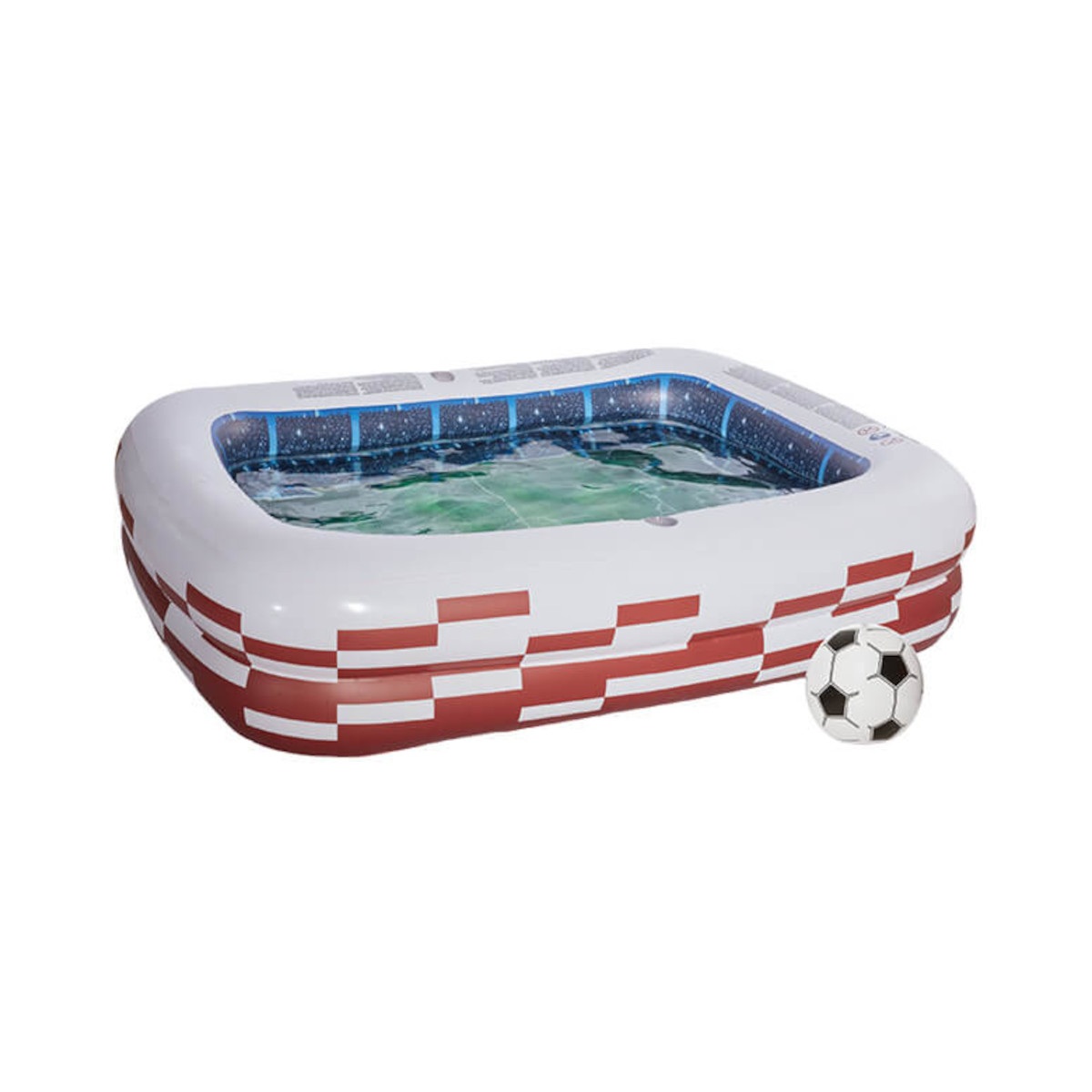 Ein aufblasbarer Pool mit einem Fußball daneben.