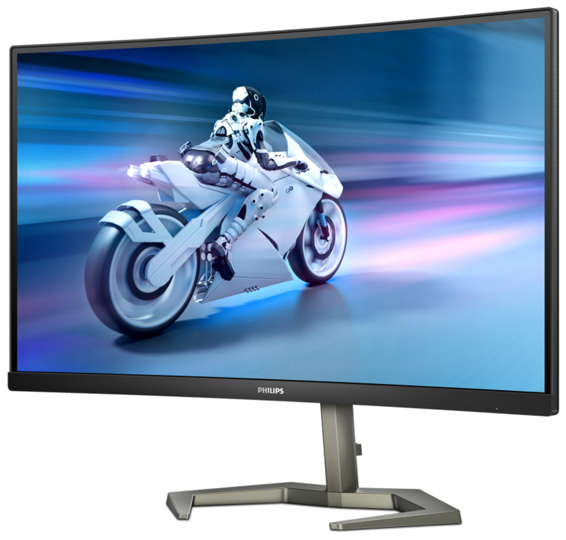 Zakrzywiony monitor z futurystyczną grą wyścigową motocyklową. Srebrny stojak i czarna ramka.