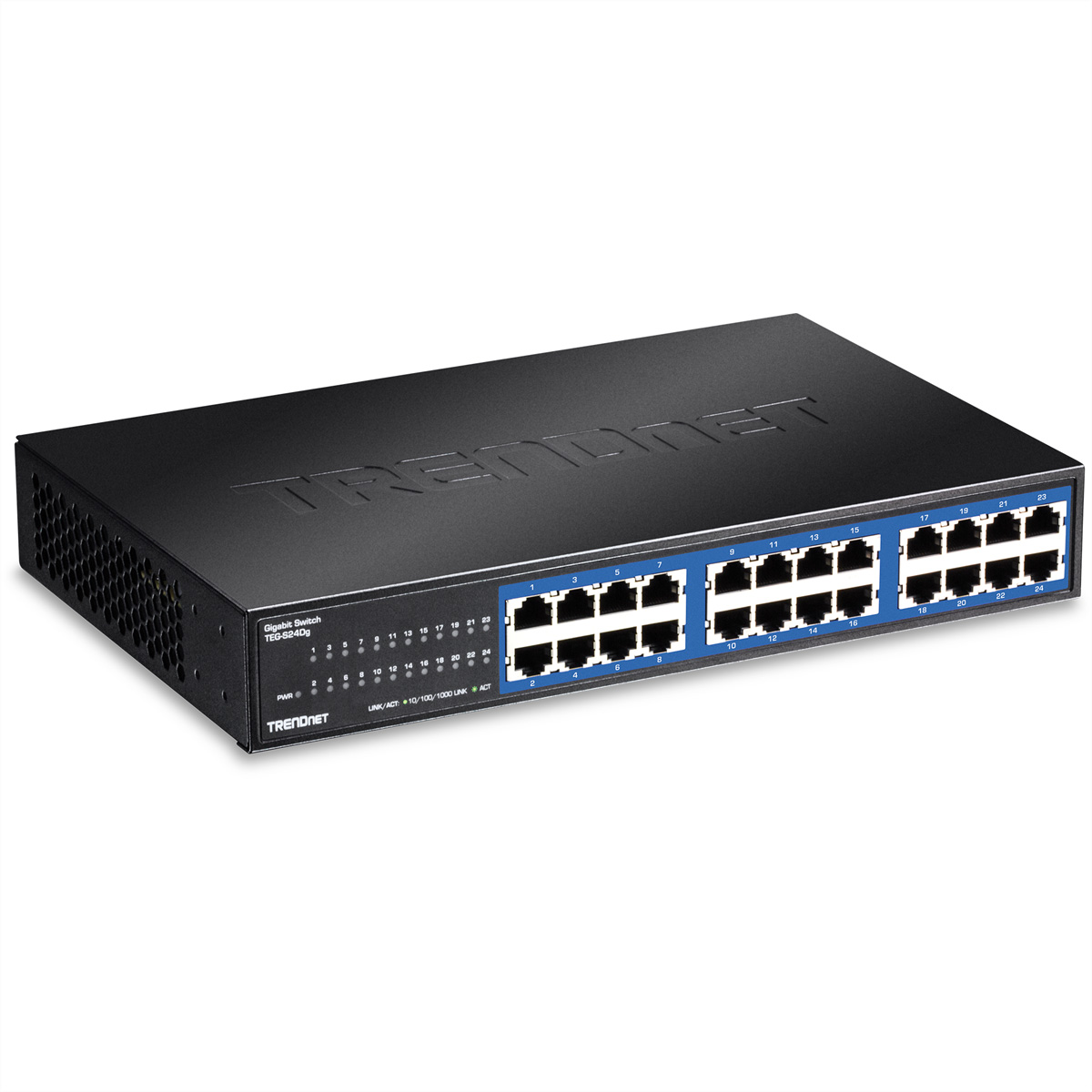 Switch di rete nero con porte blu. Testo: TRENDnet. Ha più porte e spie luminose.