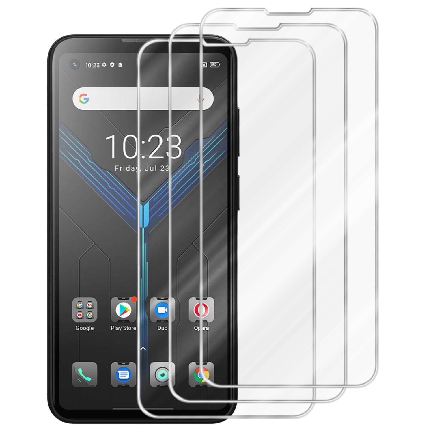 Telefono con tre protezioni per lo schermo.