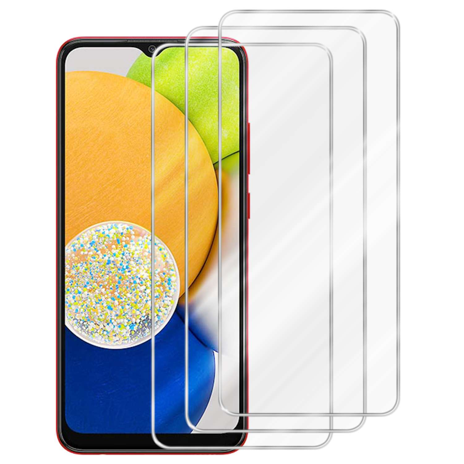 Telefono con tre protezioni schermo. Il telefono ha bordi rossi, lo schermo arte astratta colorata.