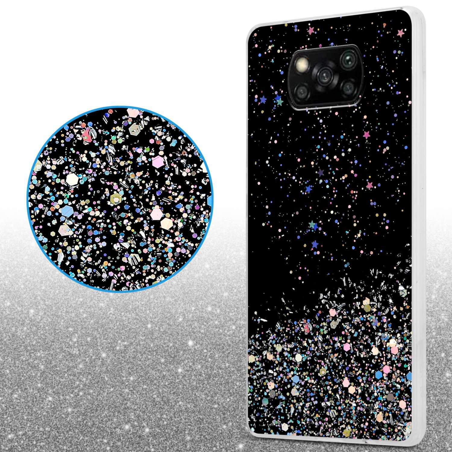 Custodia per telefono nera con dettagli glitter. Sono presenti anche un primo piano circolare e uno sfondo glitterato.