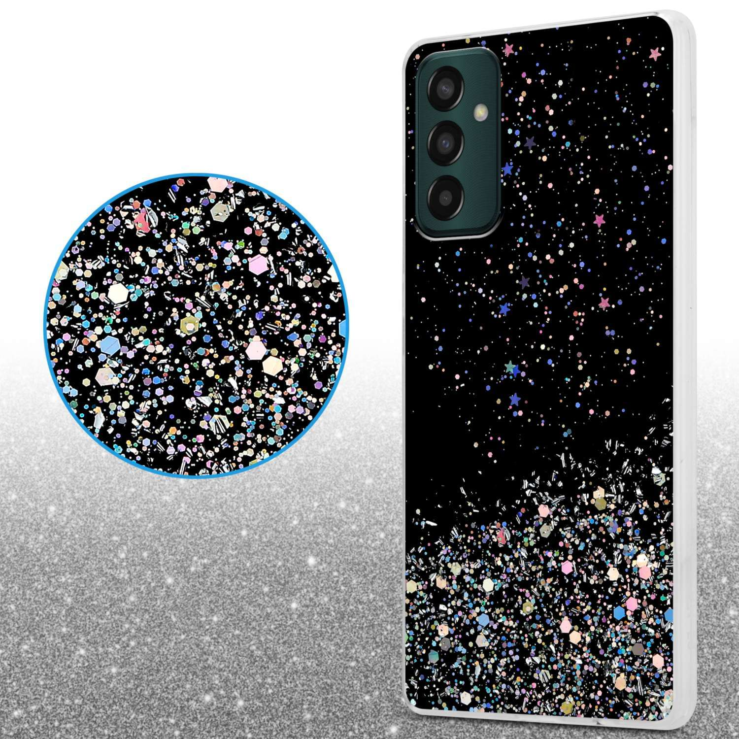 Una custodia per telefono con glitter neri. La custodia ha uno sfondo nero.