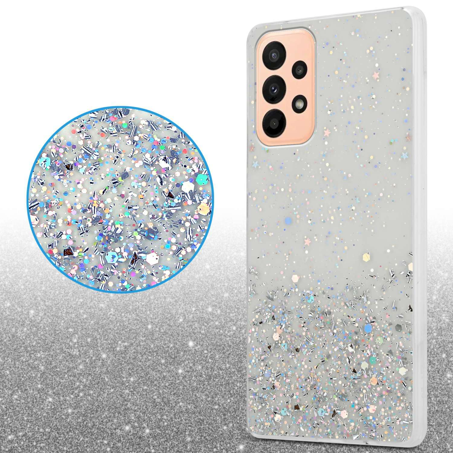 Glitzer-Handyhülle mit silbernen und bunten Partikeln. Die Hülle umgibt das Telefon.