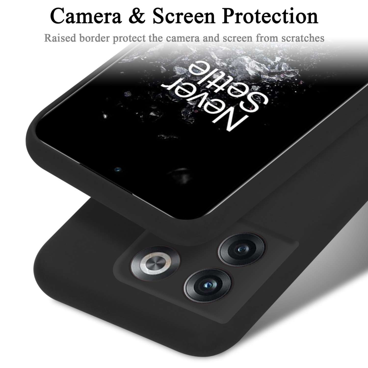 Eine schwarze Handyhülle mit einem Telefon darin. Text: Kamera- und Bildschirmschutz.