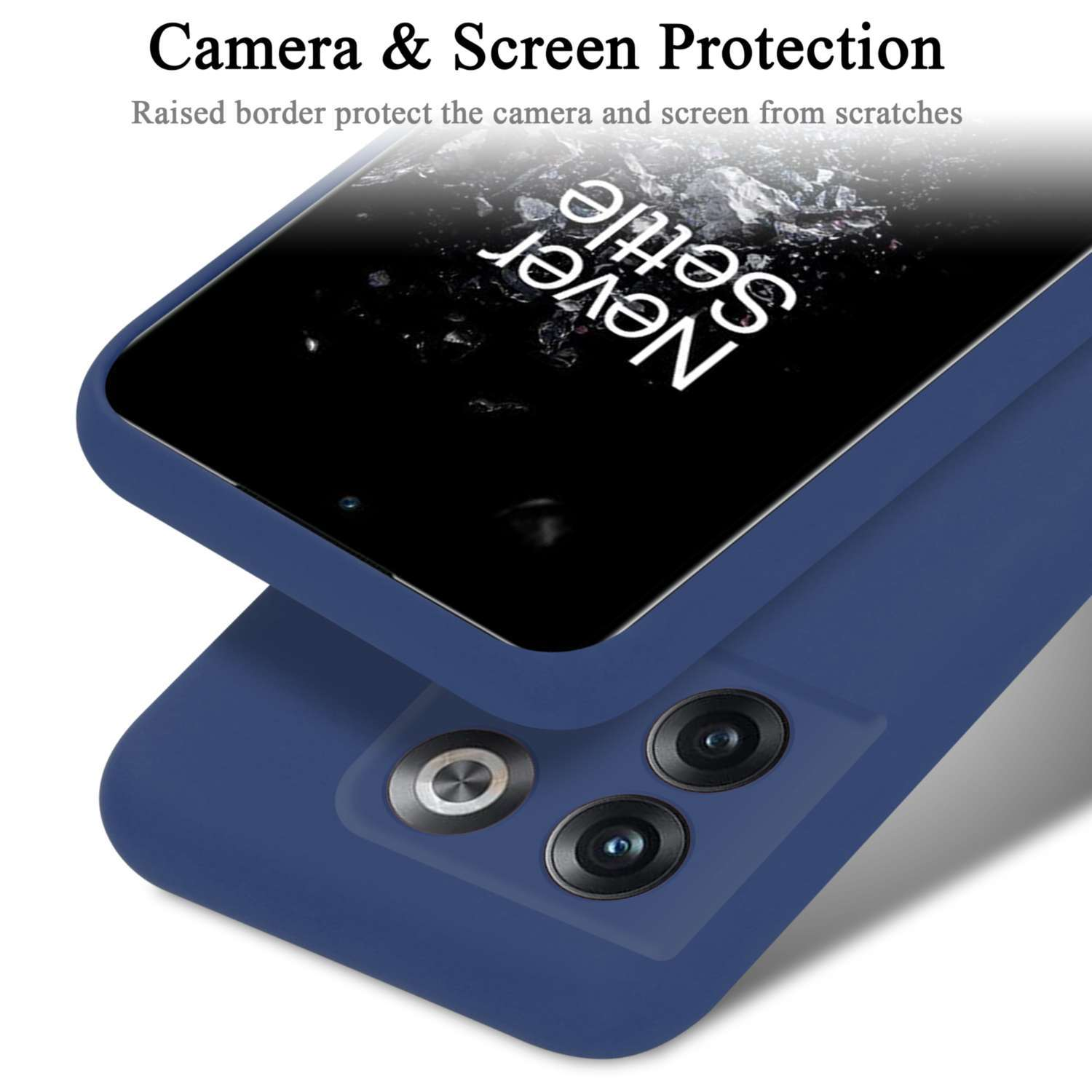 Blaue Handyhülle mit einem Telefon darin. Text: Kamera- und Bildschirmschutz.