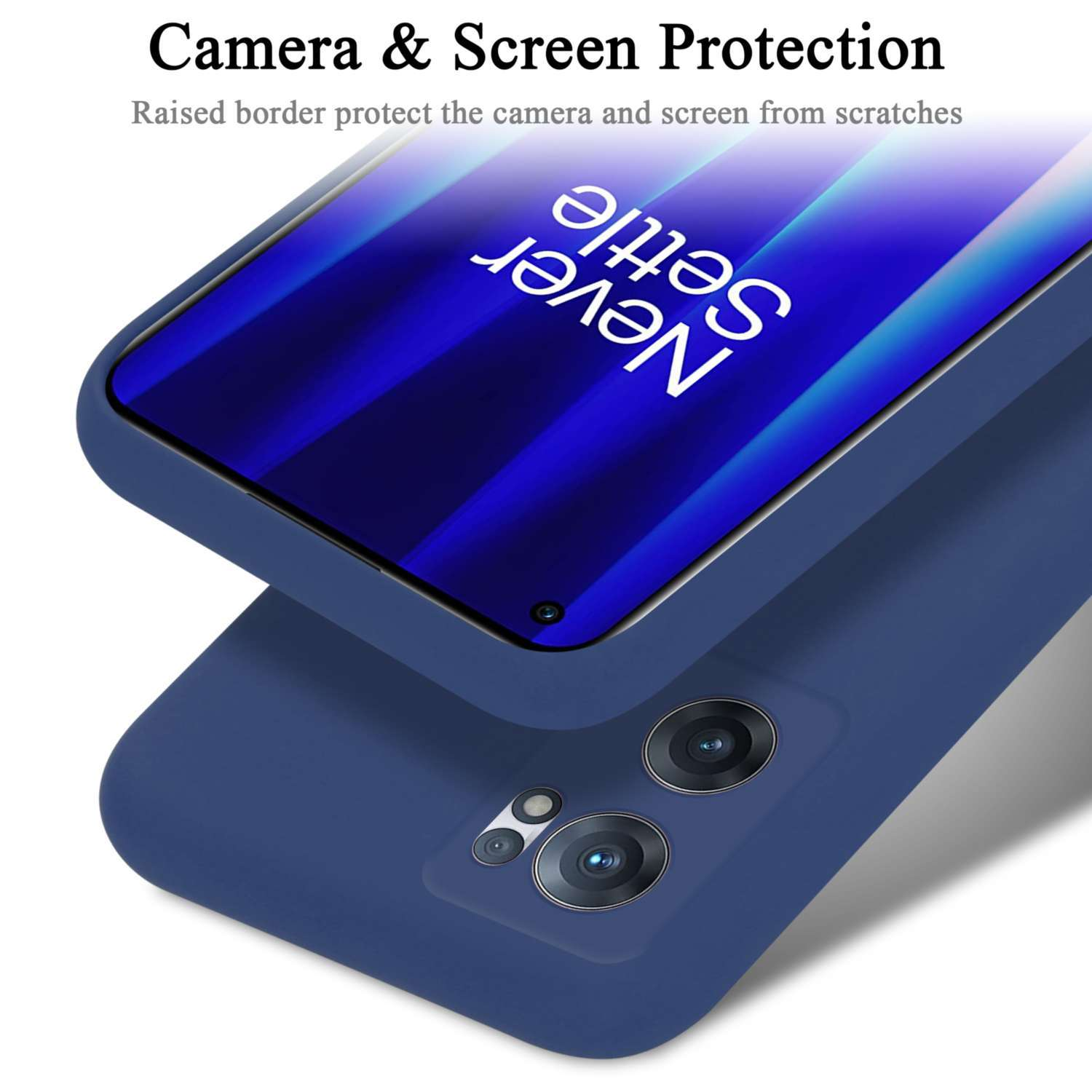 Custodia blu per telefono con ritagli per fotocamera, testo in alto. Sfondo sfocato.