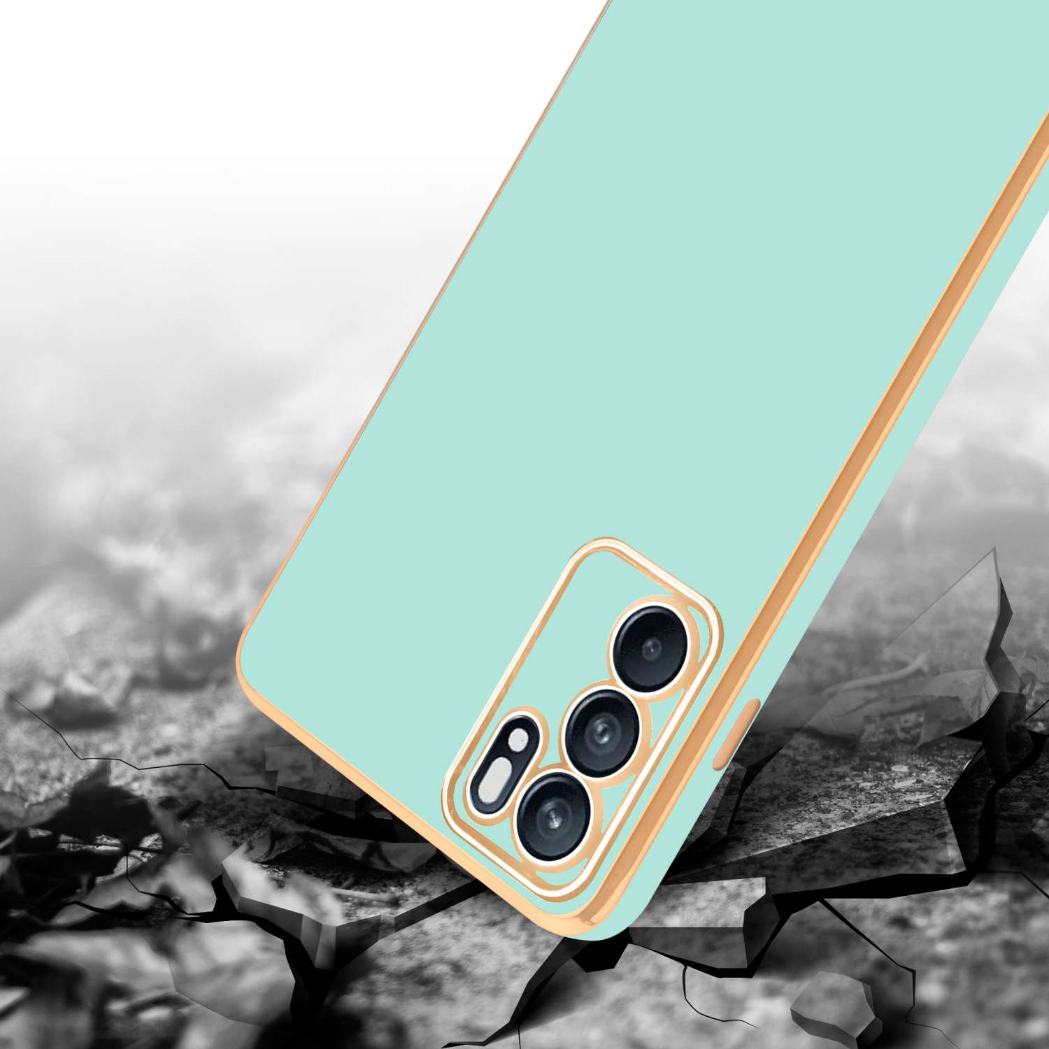 Ein Telefon mit blauem Rücken und goldenem Rahmen, das zu fallen scheint, zerbrochener Boden im Hintergrund.