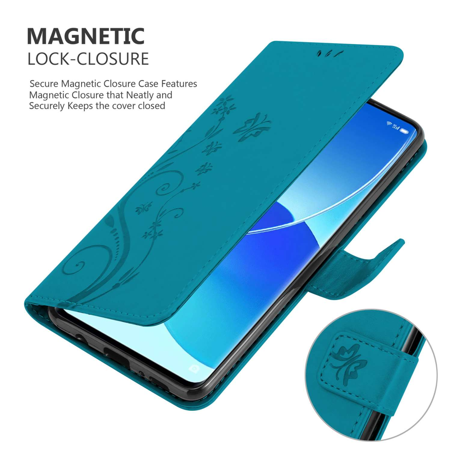 Custodia per telefono verde acqua con motivo floreale aperta per rivelare un telefono. Un inserto circolare mostra la chiusura magnetica.