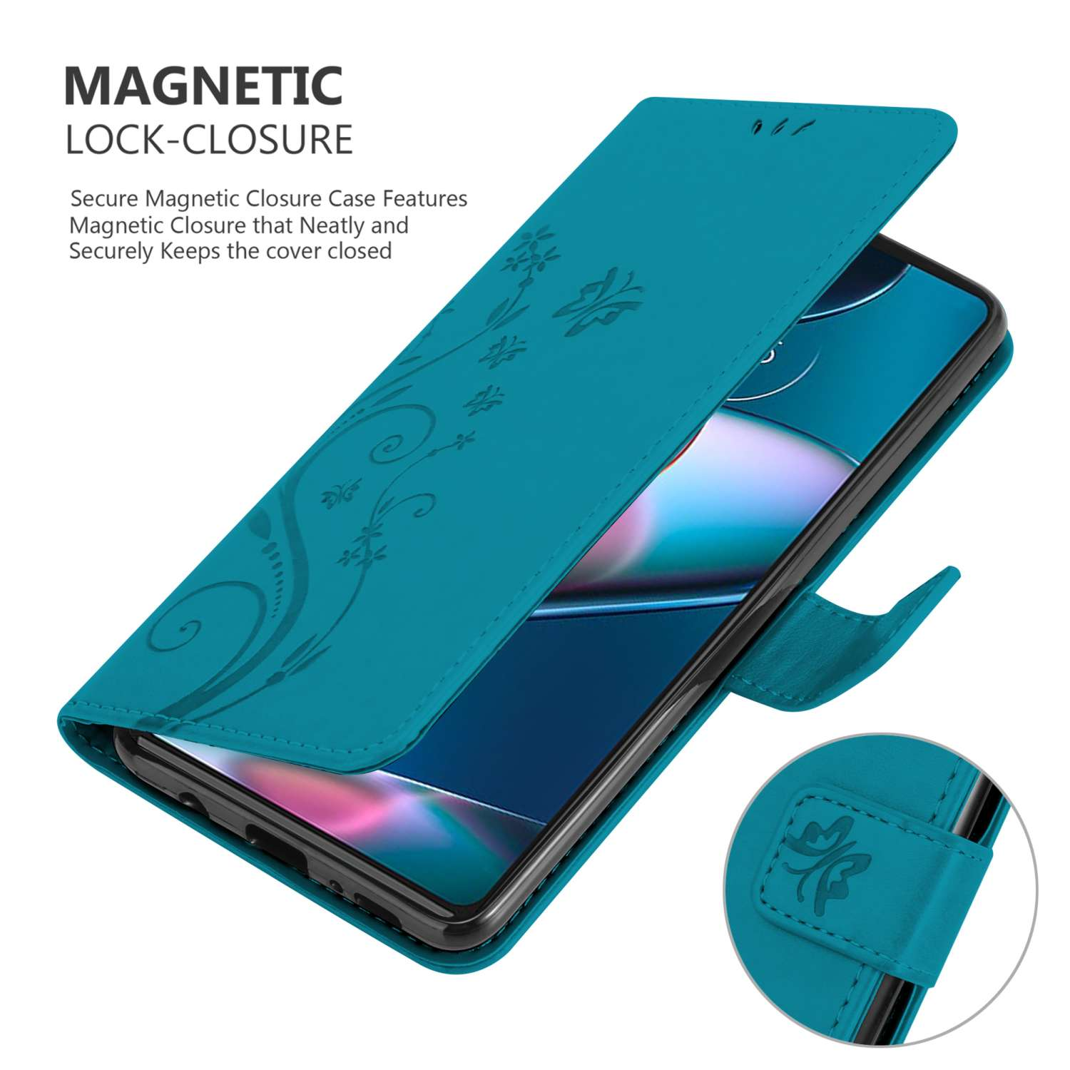 Una custodia per telefono blu scuro, aperta, che rivela un telefono. Il design ha un motivo floreale.
