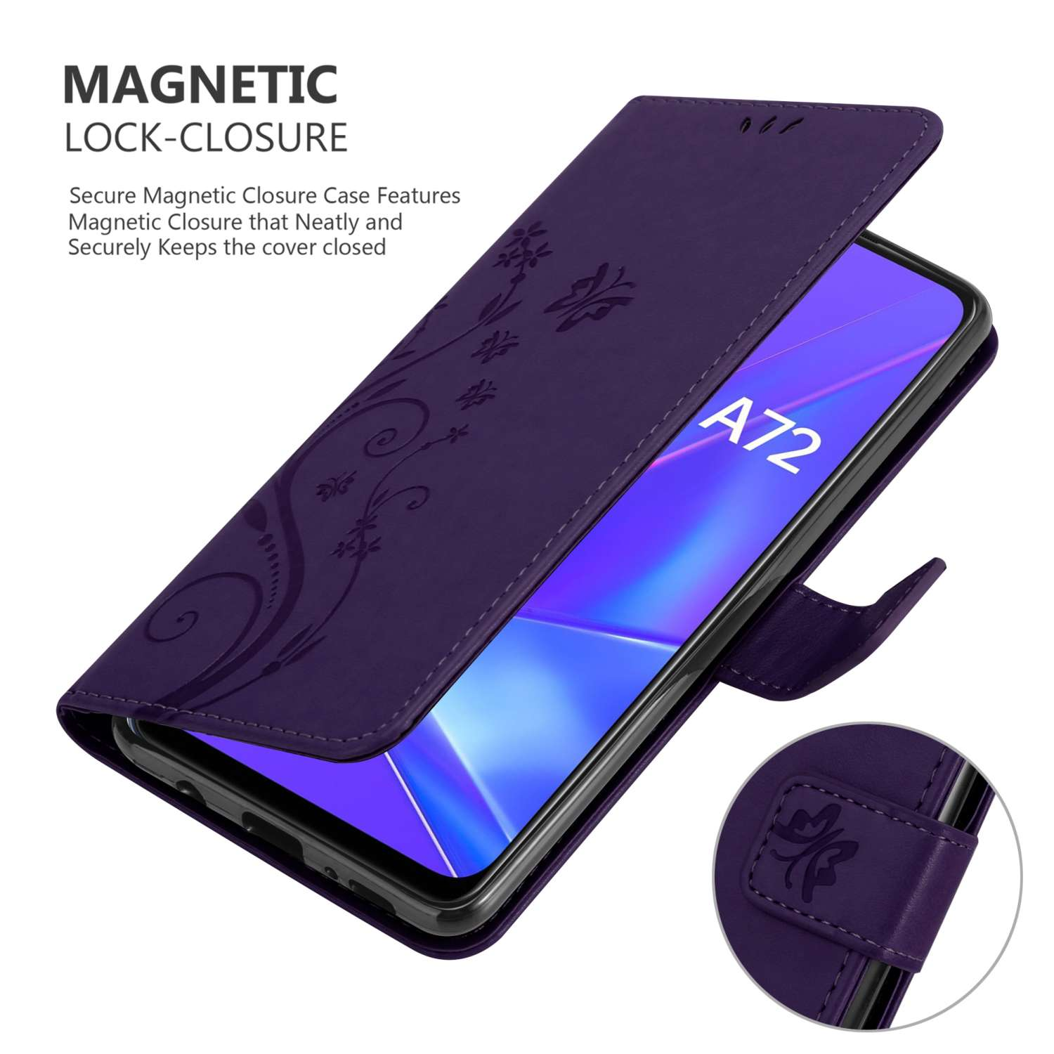 Custodia per telefono viola con design floreale. Testo: Chiusura magnetica. A72 è visibile.
